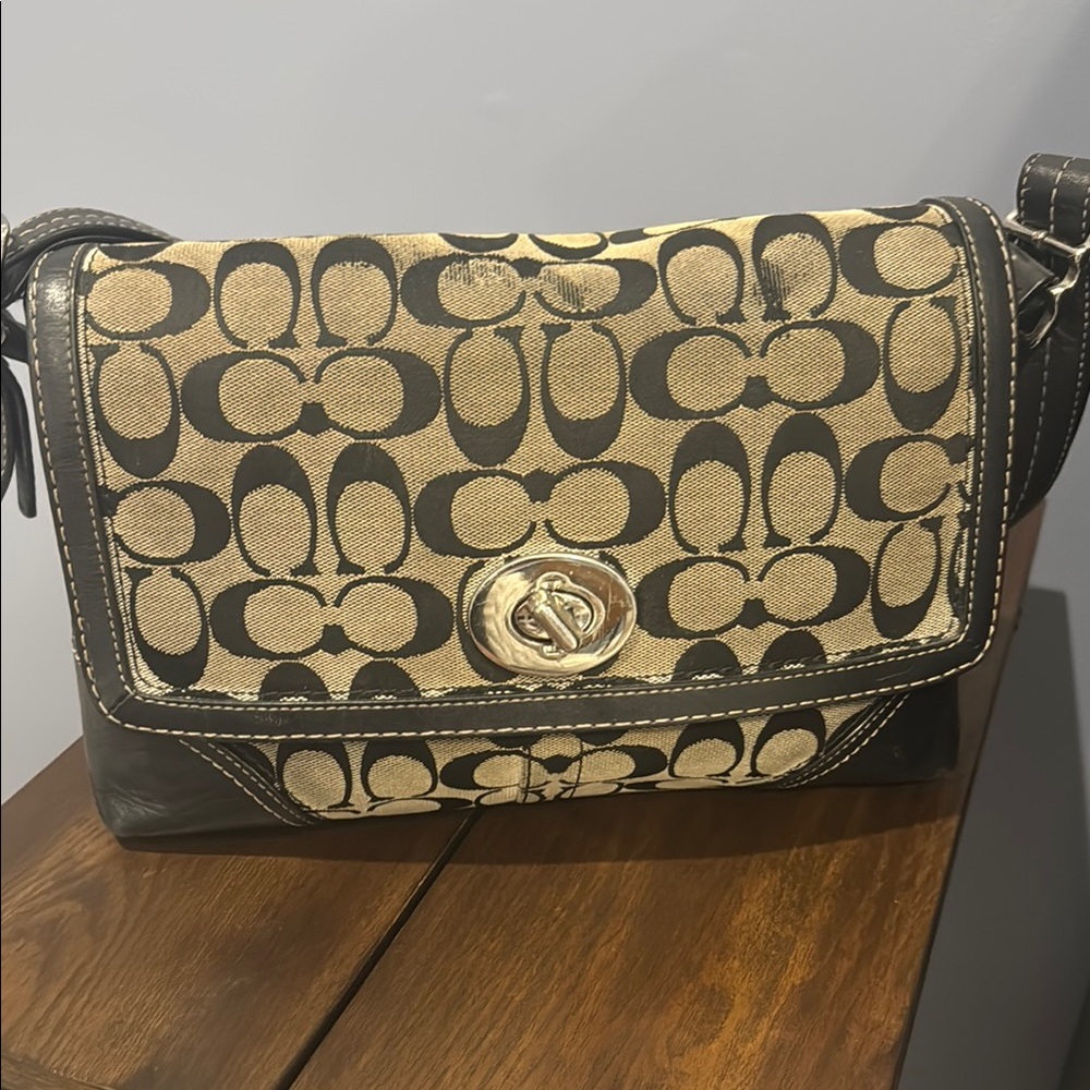 Coach Black and Tan Signature Shoulder Bag